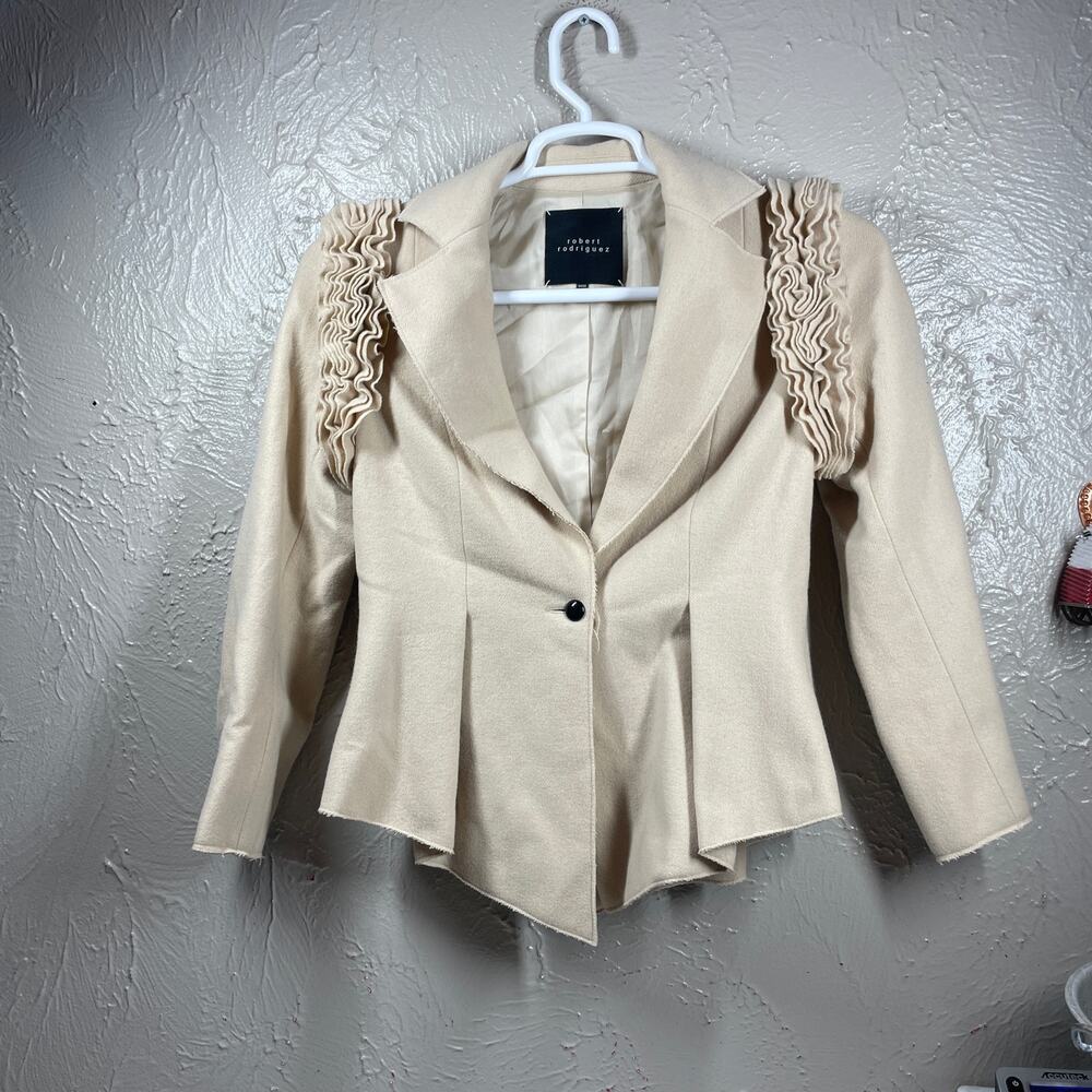 Robert Rodriguez Cream Ruffle-Shoulder Peplum Blazer